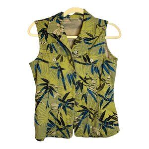 Chico's Vest Women's Size Small‎ Tropical Floral Denim Outdoor Green Chicos 0